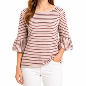 J. Jill Linen Blend Striped Bell Sleeve Knit Top Coastal Petite Large Beige Red